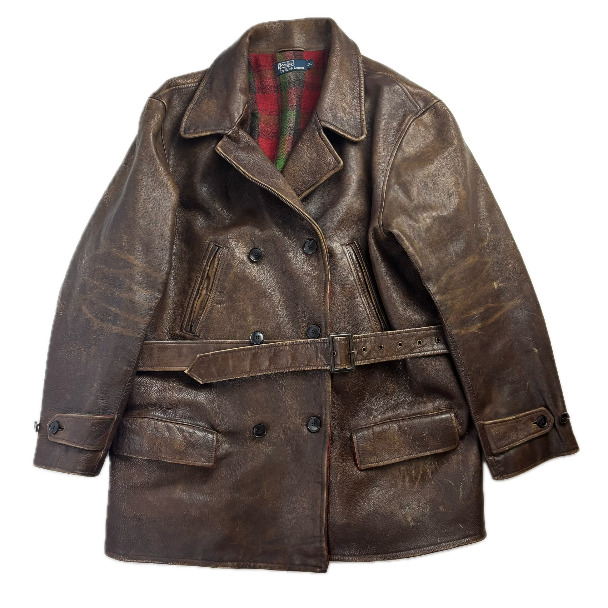 Polo Ralph Lauren Brown Cowhide Leather Double Breasted Belted Jacket - XXL