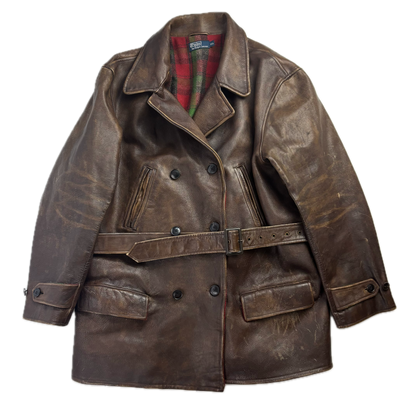 Polo Ralph Lauren Brown Cowhide Leather Double Breasted Belted Jacket - XXL