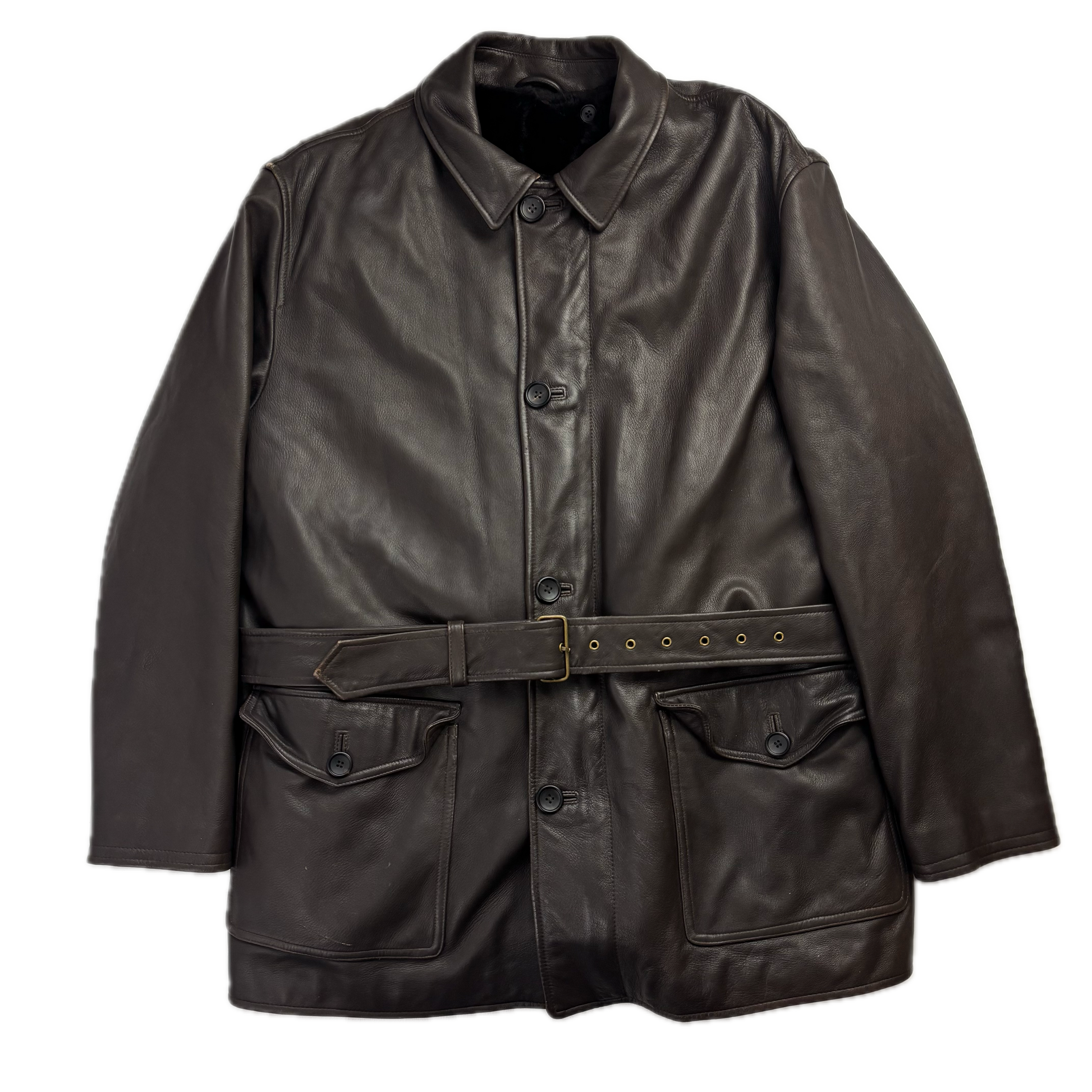 Polo Ralph Lauren Brown Leather Belted Jacket Fur Lined - L