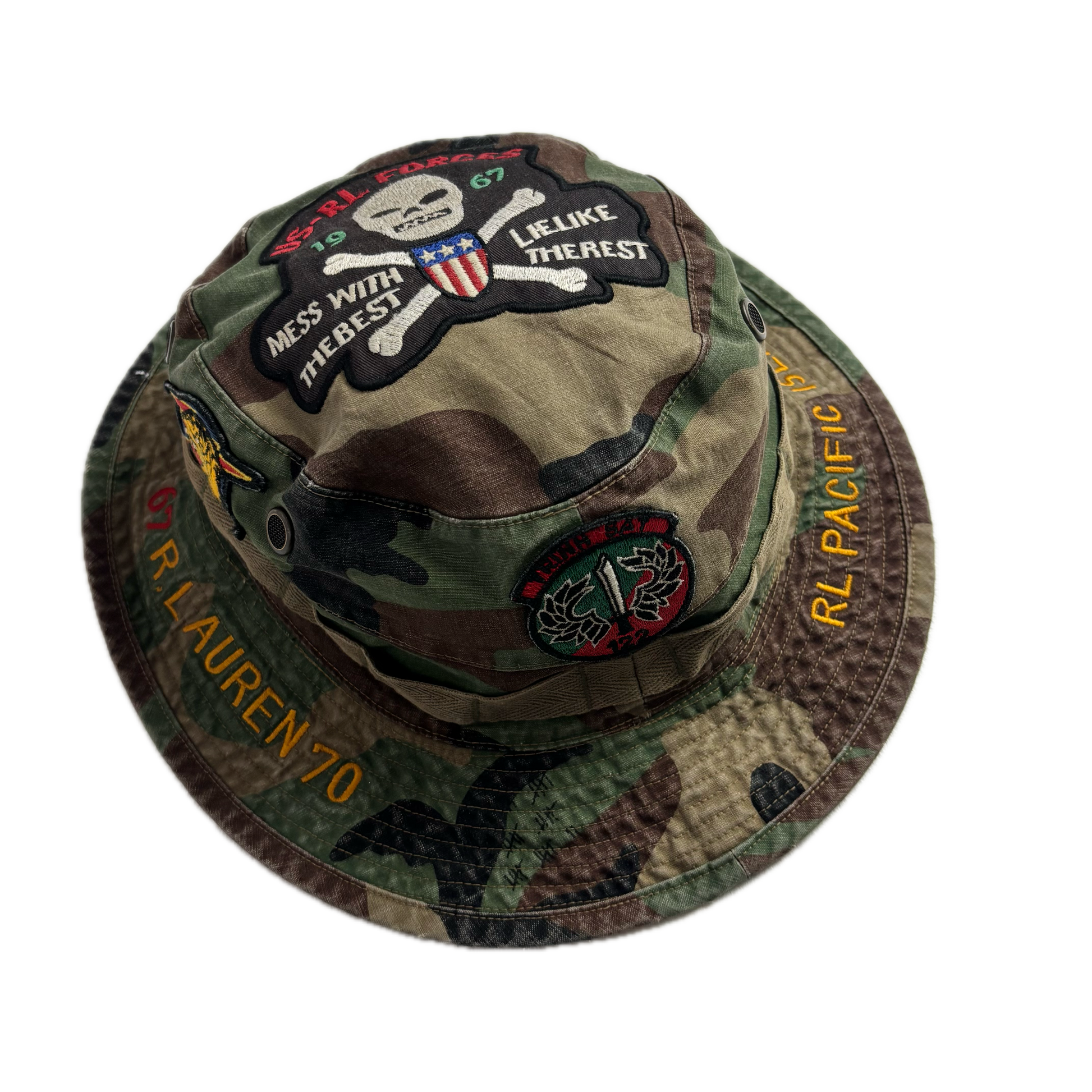 Polo Ralph Lauren Camo Boonie Bucket Hat Military Skull Patch - S/M