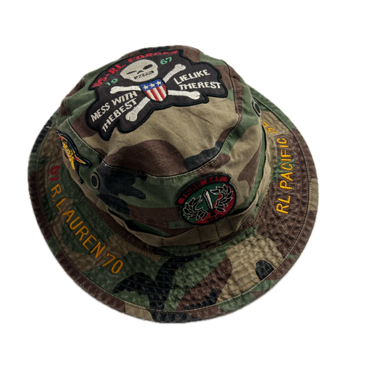 Polo Ralph Lauren Camo Boonie Bucket Hat Military Skull Patch - S/M