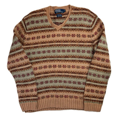 Polo Ralph Lauren Fairisle Jumper V-Neck Hand Knit Sweater (Linen Cotton) - S