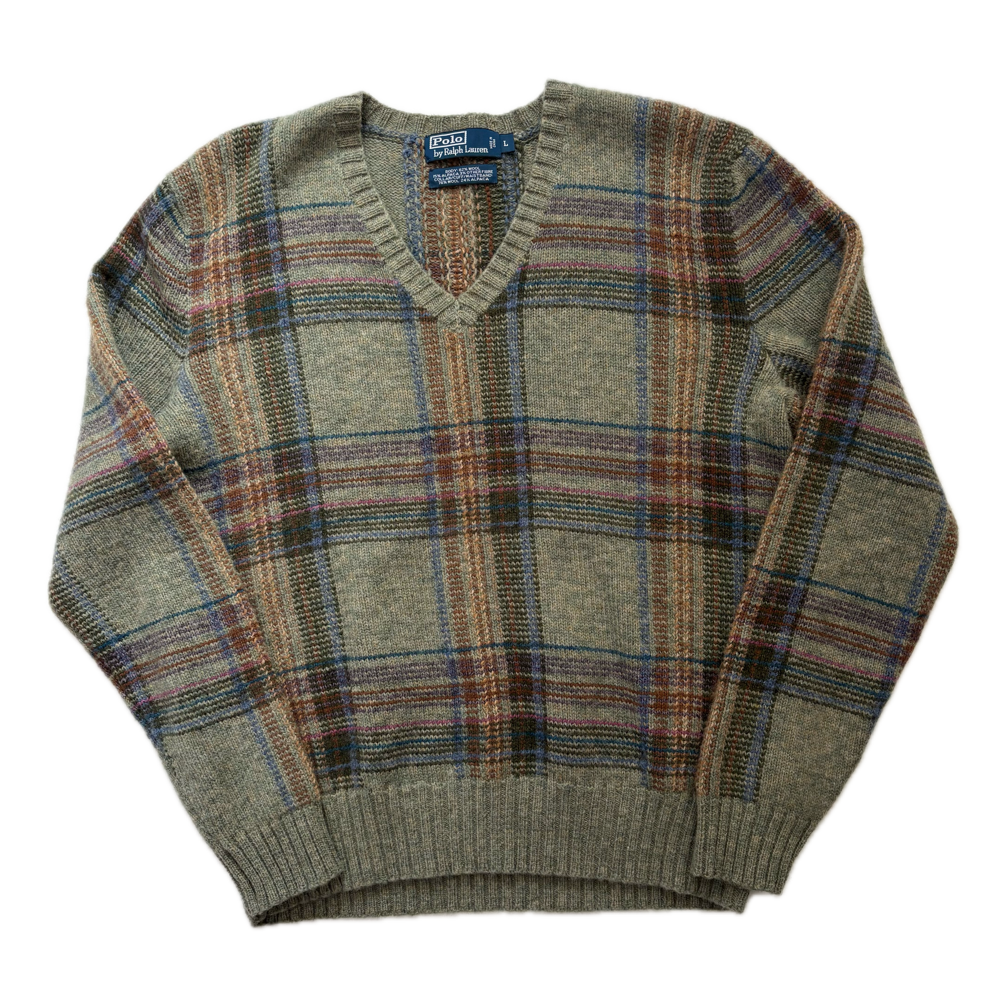 Polo Ralph Lauren Green Plaid Jumper V-Neck Sweater (Wool Alpaca) - L