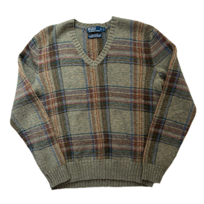 Polo Ralph Lauren Green Plaid Jumper V-Neck Sweater (Wool Alpaca) - L