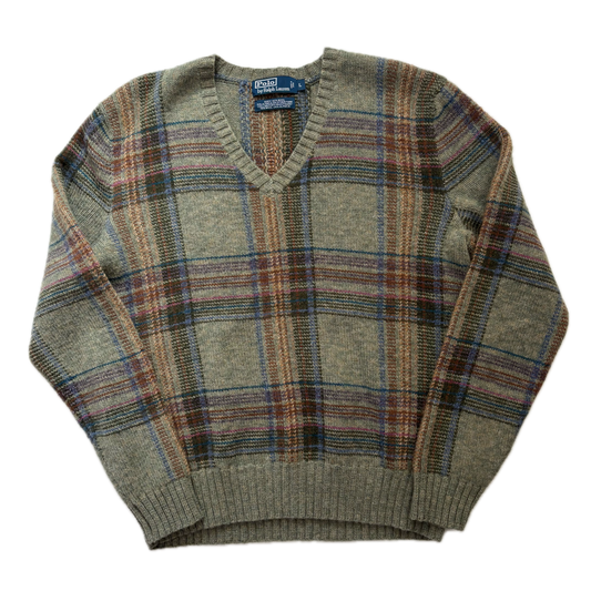 Polo Ralph Lauren Green Plaid Jumper V-Neck Sweater (Wool Alpaca) - L