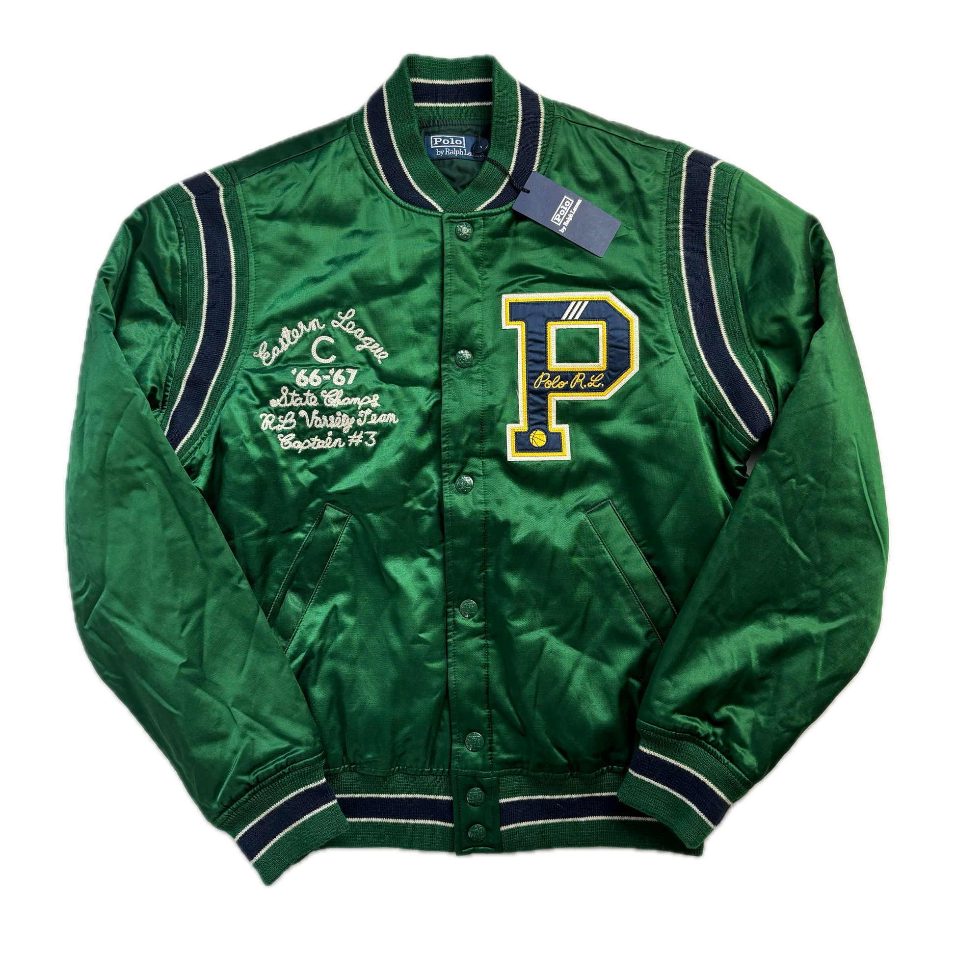 Polo Ralph Lauren Green Satin Varsity State Champs Letterman Jacket - S