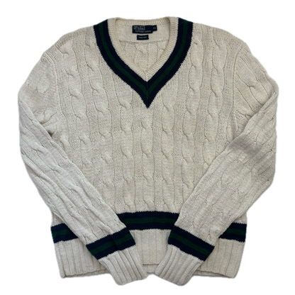 Polo Ralph Lauren Ivory Cricket Jumper Hand Knit Cableknit (Cotton)- XL