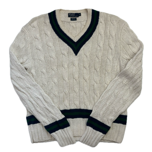Polo Ralph Lauren Ivory Cricket Jumper Hand Knit Cableknit (Cotton)- XL
