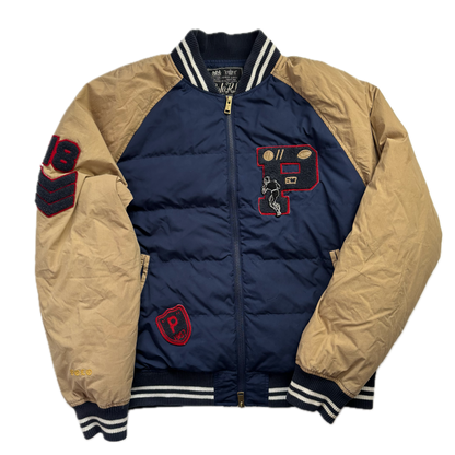 Polo Ralph Lauren Navy Beige Varsity Puffer Jacket Football Letterman - L