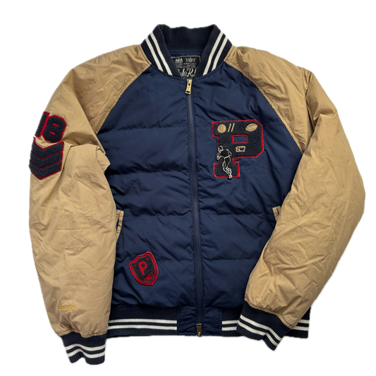 Polo Ralph Lauren Navy Beige Varsity Puffer Jacket Football Letterman - L