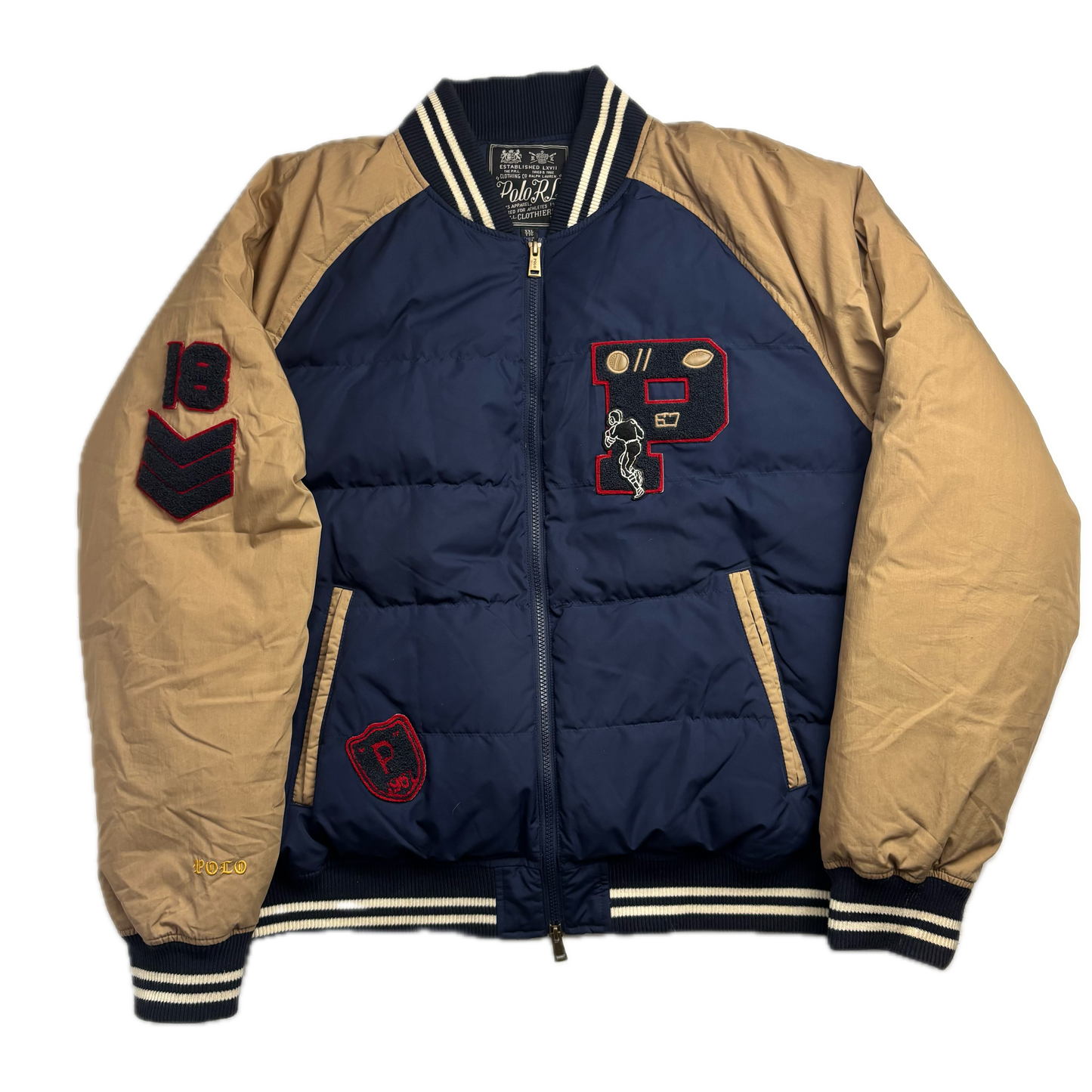 Polo Ralph Lauren Navy Beige Varsity Puffer Jacket Football Letterman - XXL