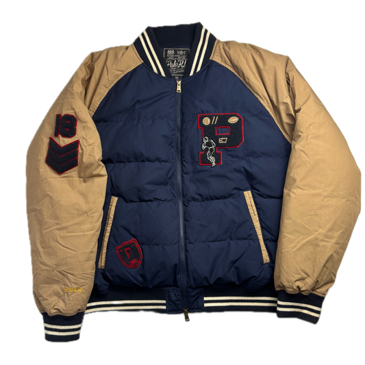 Polo Ralph Lauren Navy Beige Varsity Puffer Jacket Football Letterman - XXL