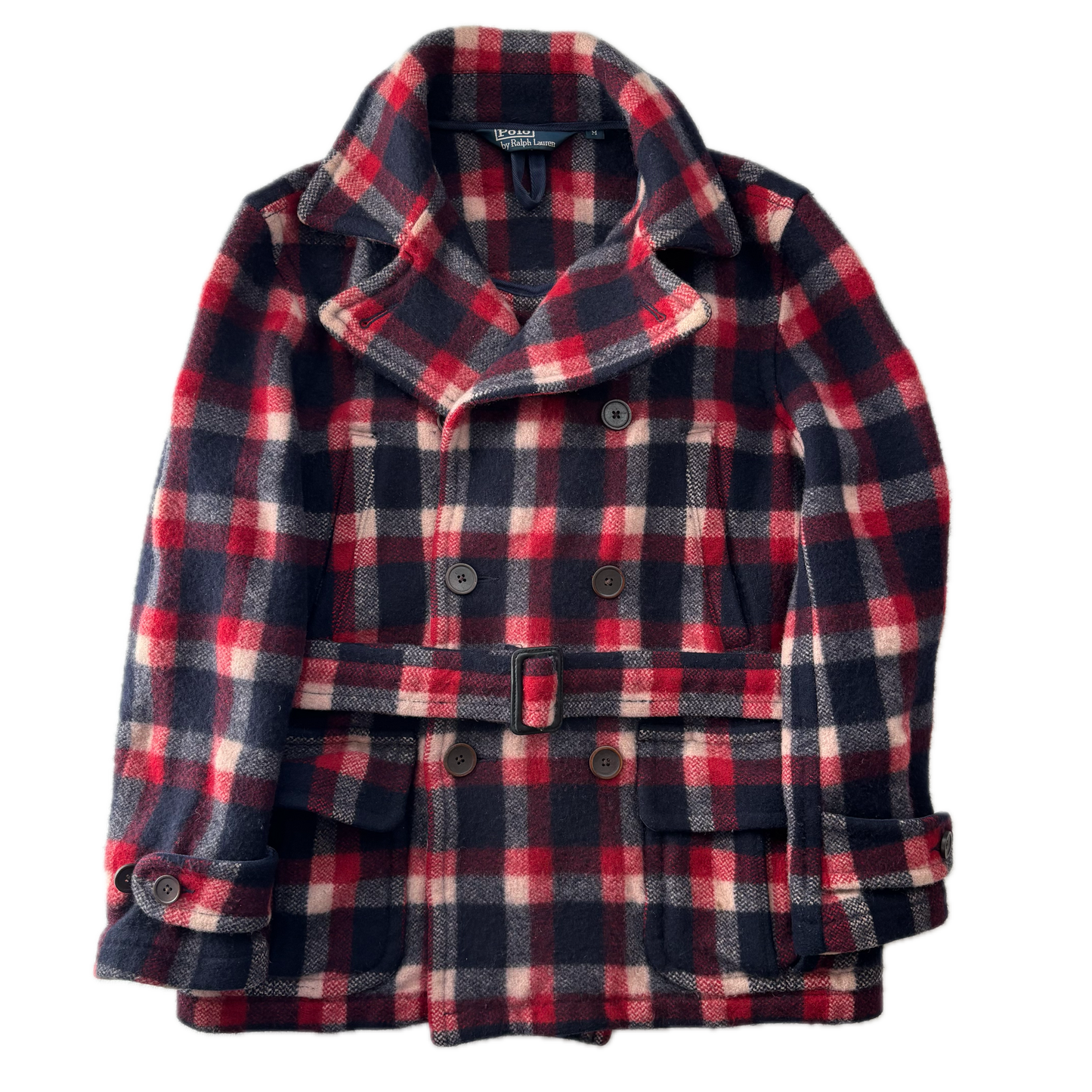 Polo Ralph Lauren Red Navy Plaid Belted Double Breasted Coat (Wool) - M