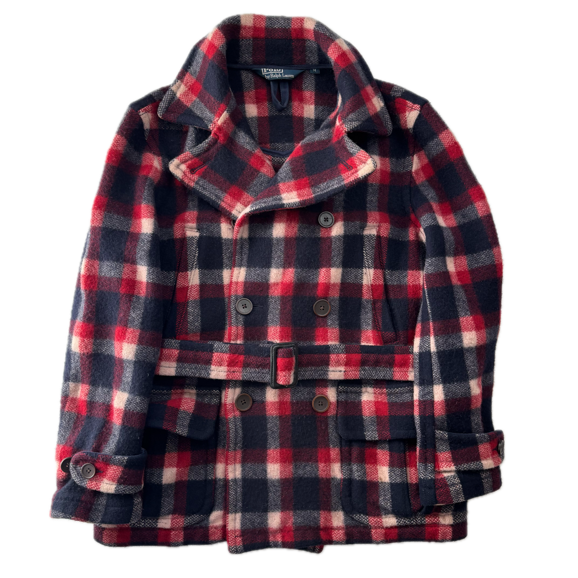 Polo Ralph Lauren Red Navy Plaid Belted Double Breasted Coat (Wool) - M