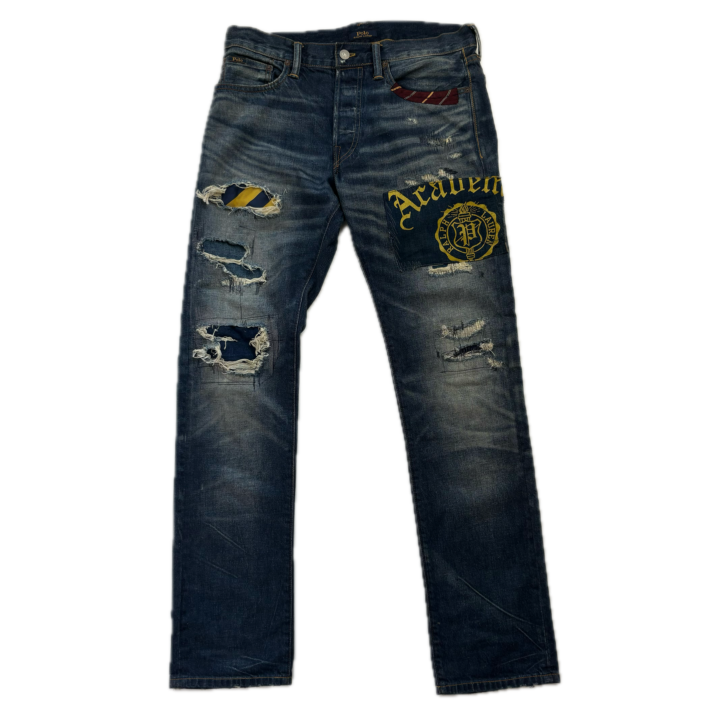 Polo Ralph Lauren Varick Slim Straight Jeans Rugby Patchwork Distressed - 30x32