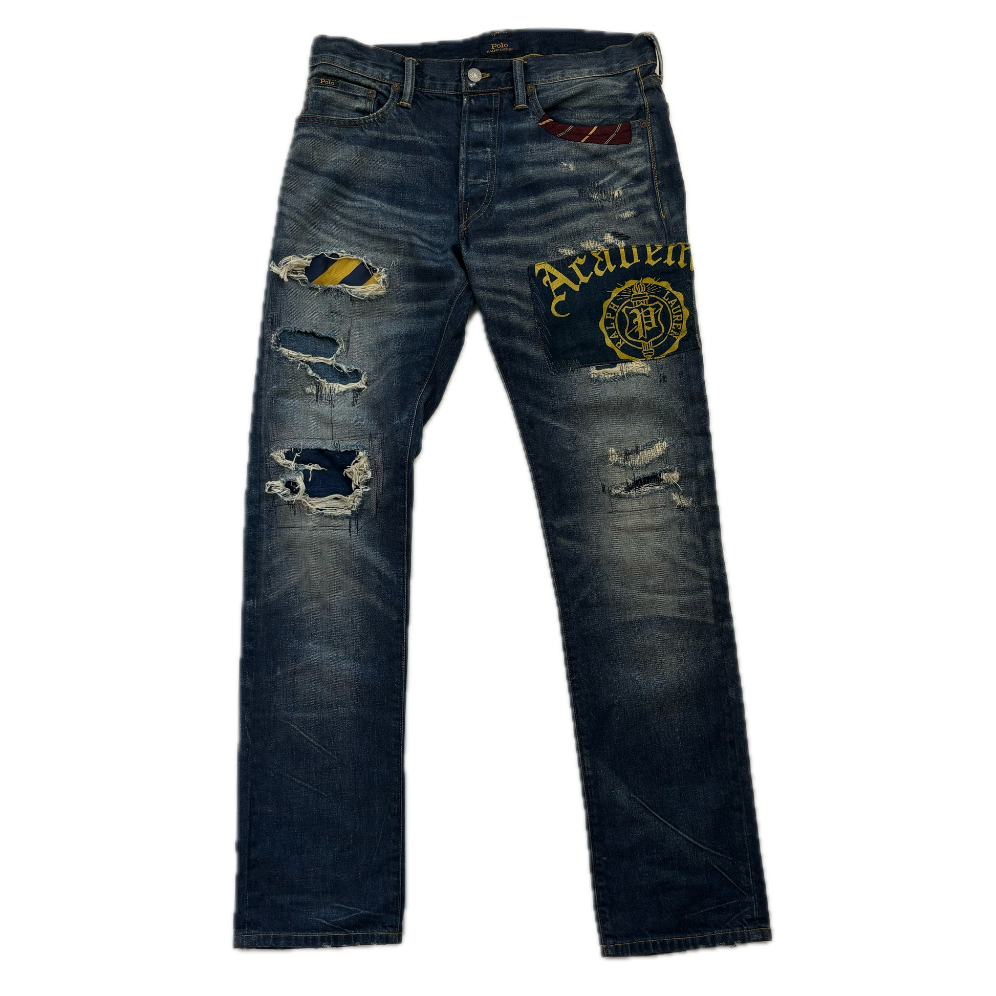 Polo Ralph Lauren Varick Slim Straight Jeans Rugby Patchwork Distressed - 30x32