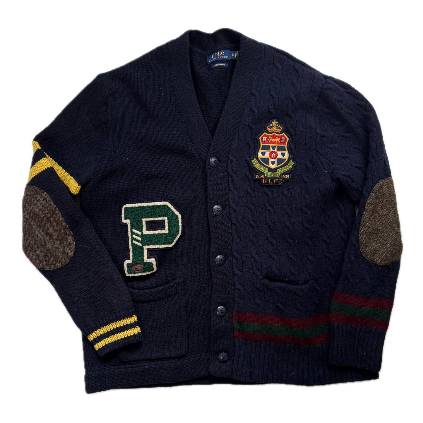 Polo Ralph Lauren Varsity Cardigan Navy Patchwork Cable-Knit Cardigan (Wool) - XL