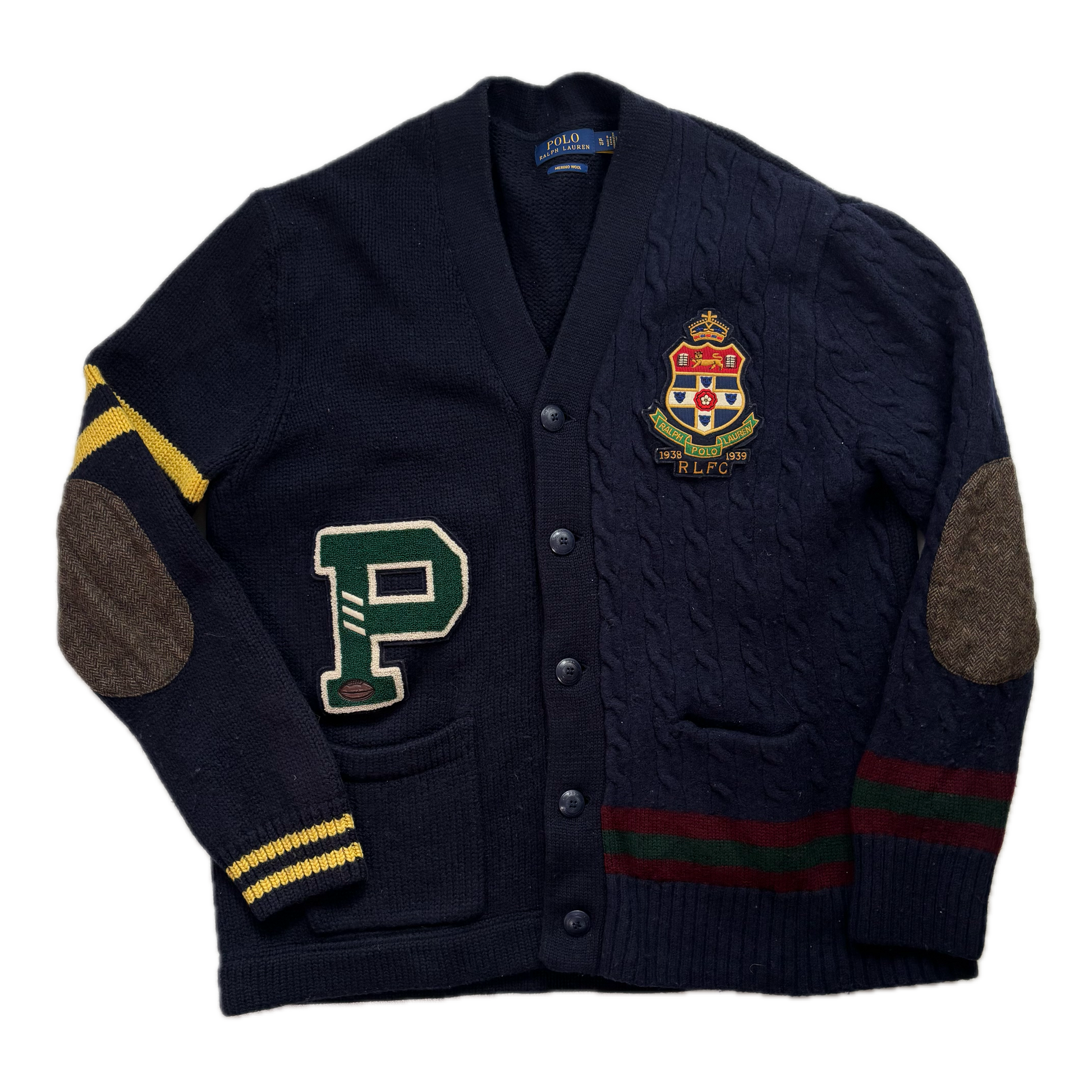 Polo Ralph Lauren Varsity Cardigan Navy Patchwork Cable-Knit Cardigan (Wool) - XL
