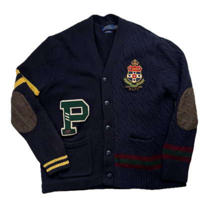 Polo Ralph Lauren Varsity Cardigan Navy Patchwork Cable-Knit Cardigan (Wool) - XL