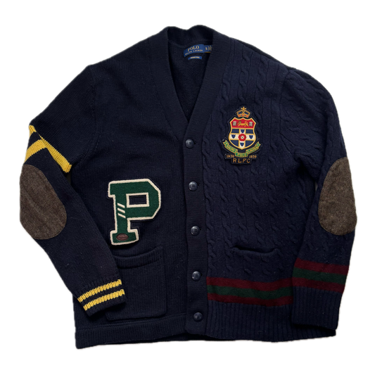 Polo Ralph Lauren Varsity Cardigan Navy Patchwork Cable-Knit Cardigan (Wool) - XL