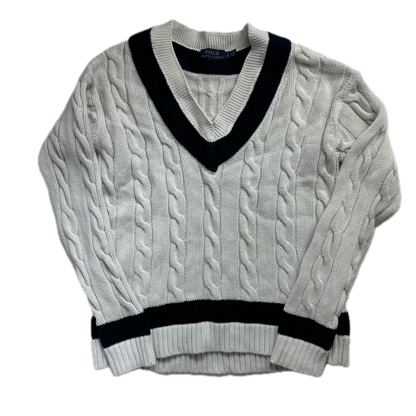 Polo Ralph Lauren White Navy Cricket Jumper Tennis Cableknit - S