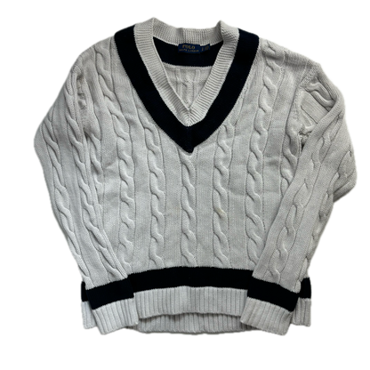 Polo Ralph Lauren White Navy Cricket Jumper Tennis Cableknit - S