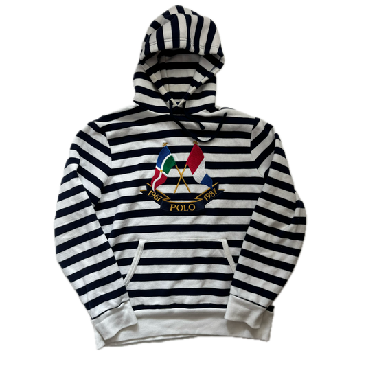 Polo Ralph Lauren White Navy Cross Flags Striped Hoodie Retro - M