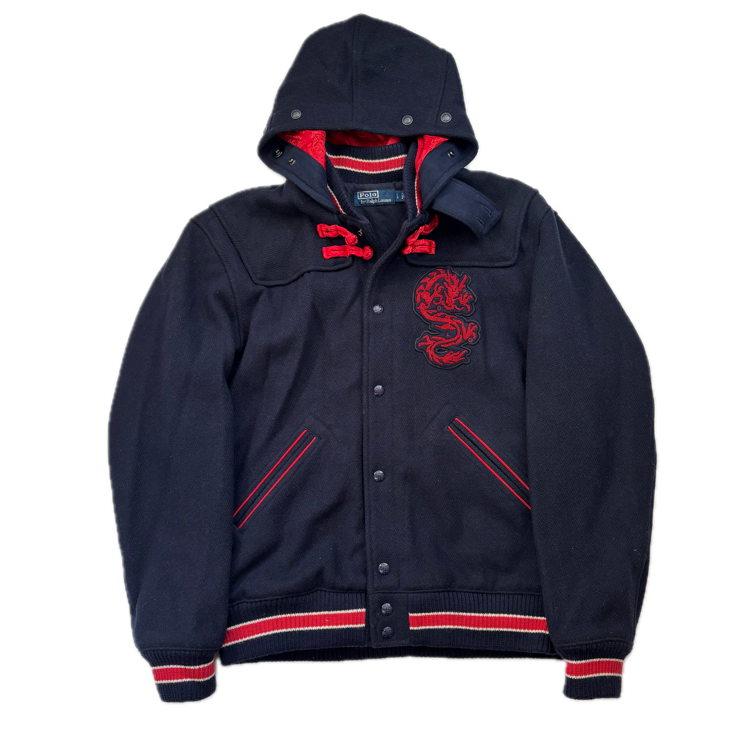 Polo Ralph Lauren x CLOT Navy Wool Blend Hooded Dragon Patch Varsity Jacket - L