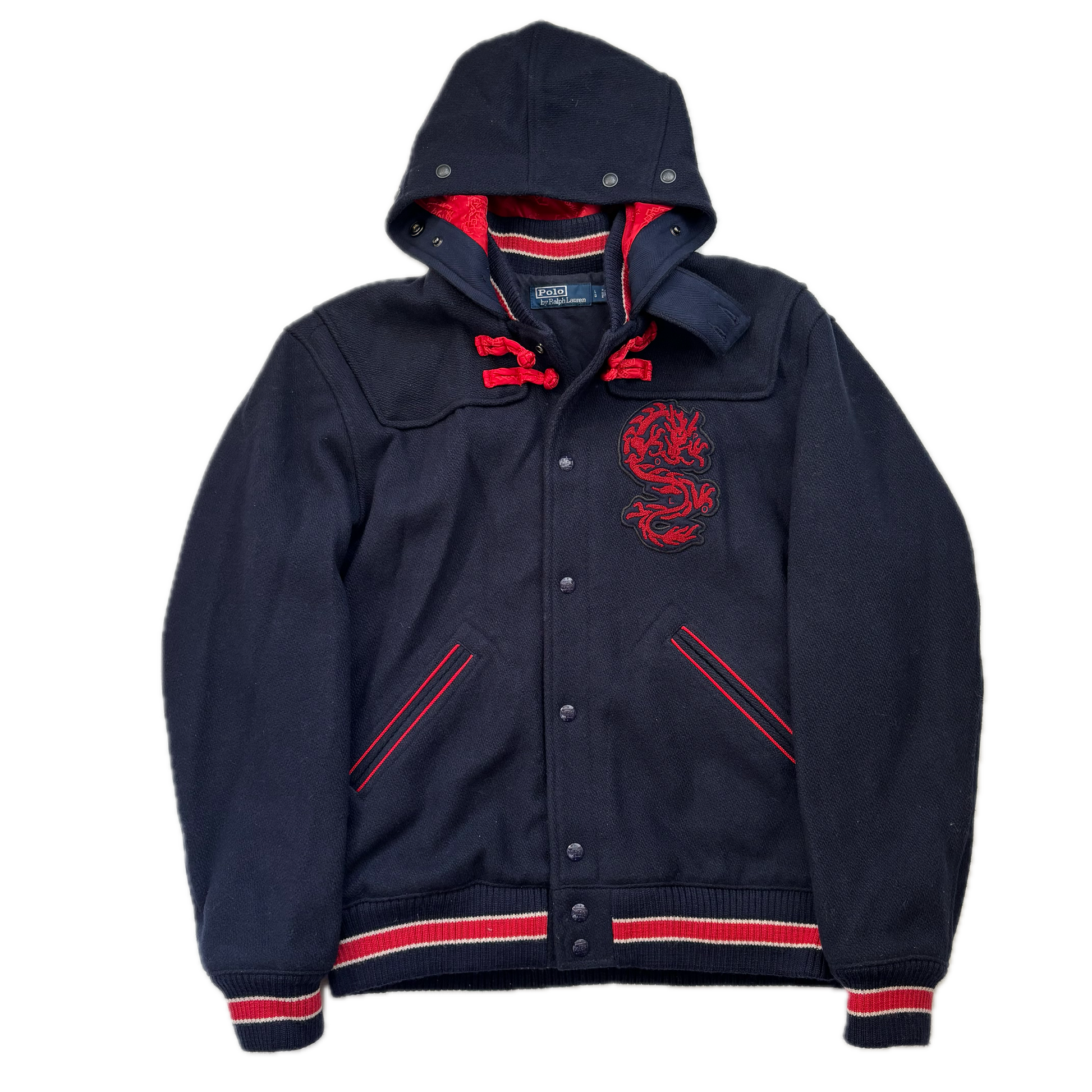 Polo Ralph Lauren x CLOT Navy Wool Blend Hooded Dragon Patch Varsity Jacket - L