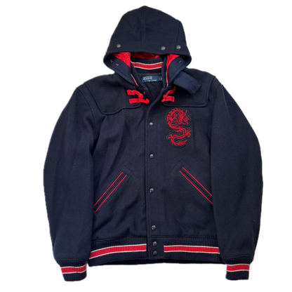 Polo Ralph Lauren x CLOT Navy Wool Blend Hooded Dragon Patch Varsity Jacket - L