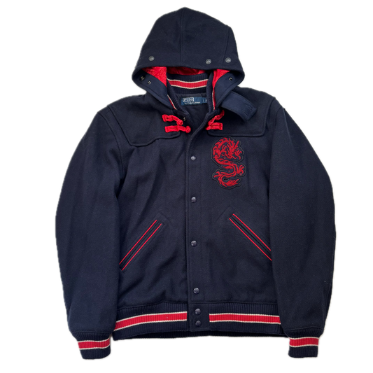 Polo Ralph Lauren x CLOT Navy Wool Blend Hooded Dragon Patch Varsity Jacket - L