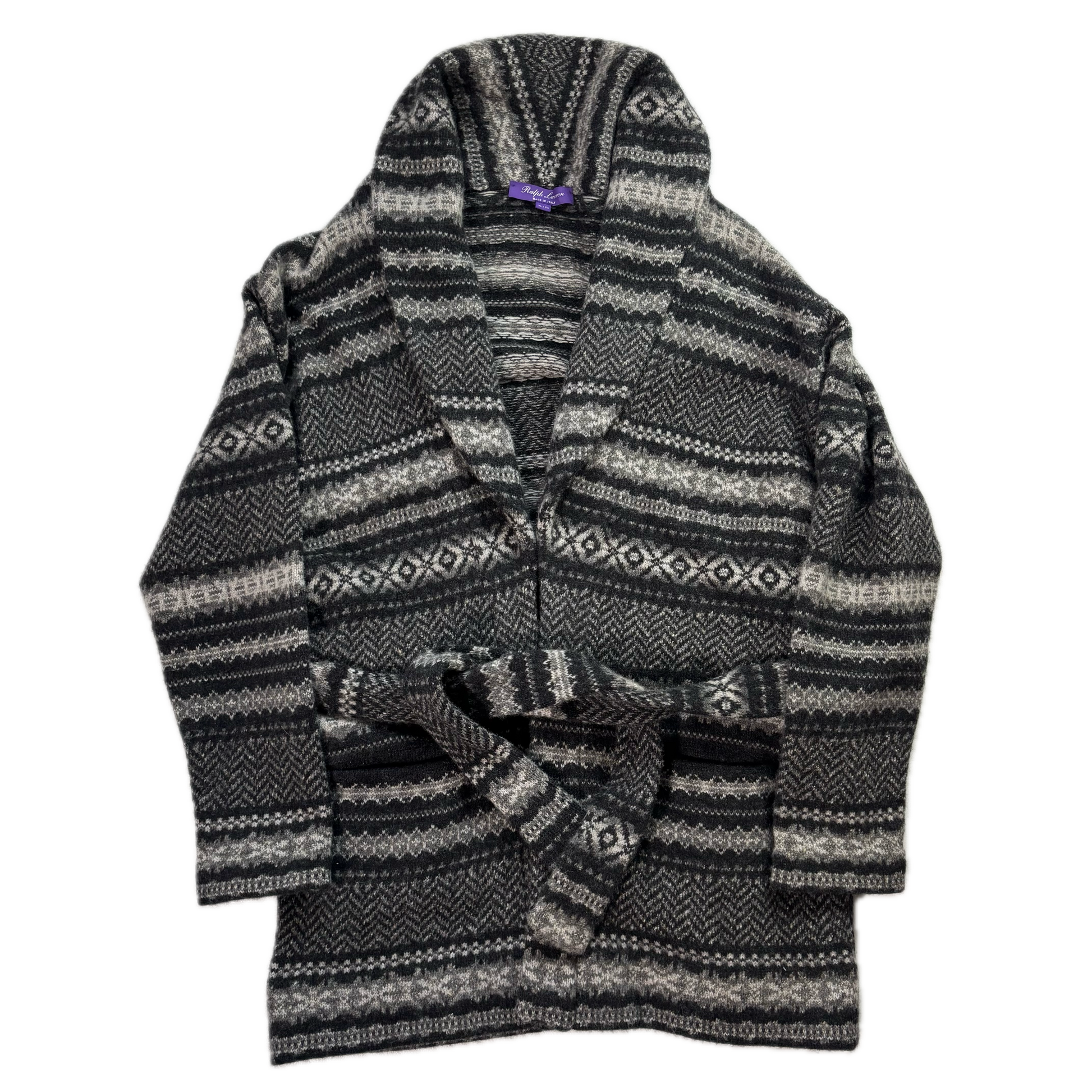 Purple Label Grey Belted Fairisle Cardigan (Cashmere Wool) - XL
