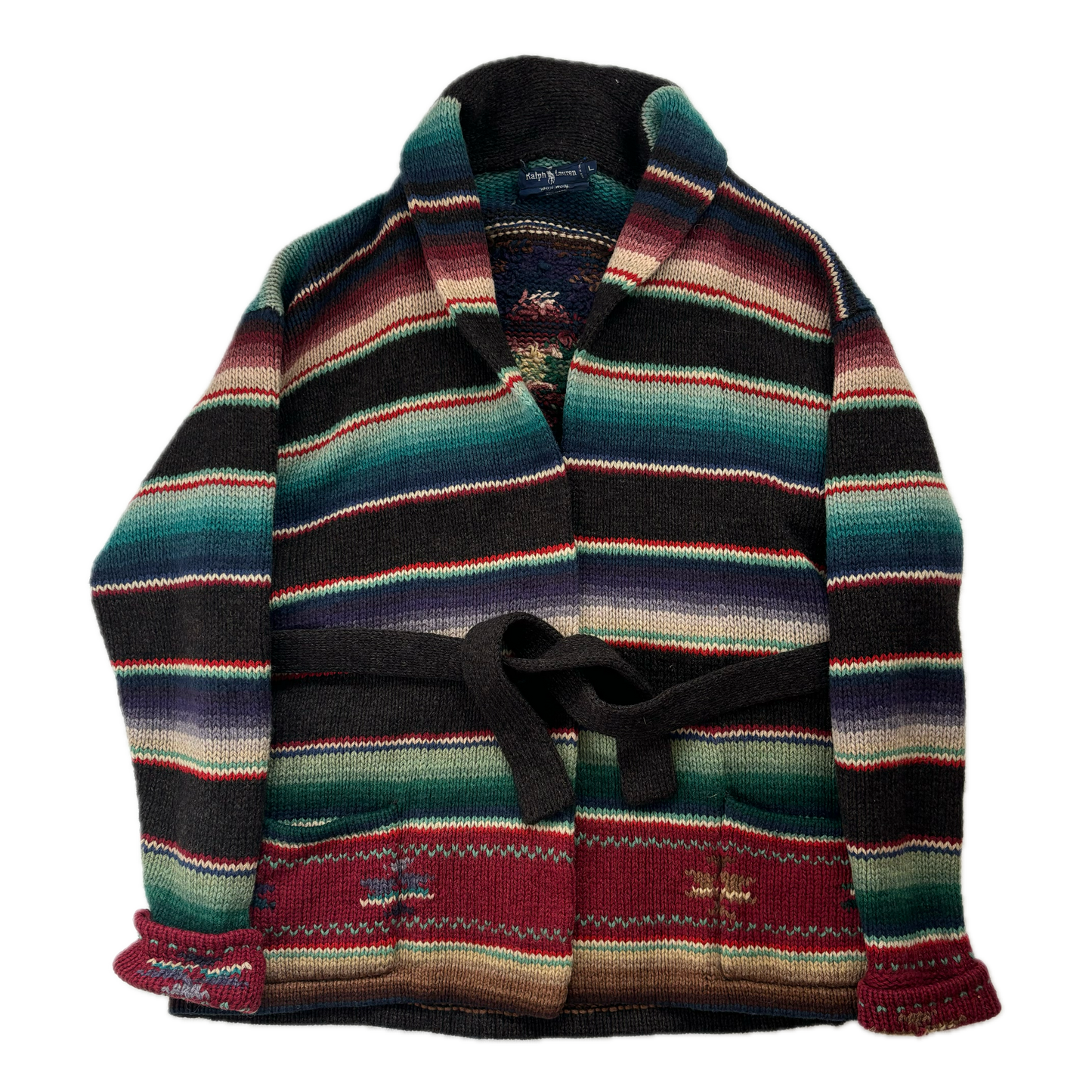 Ralph Lauren Aztec Wool Cardigan Hand Knit Serape Belted
