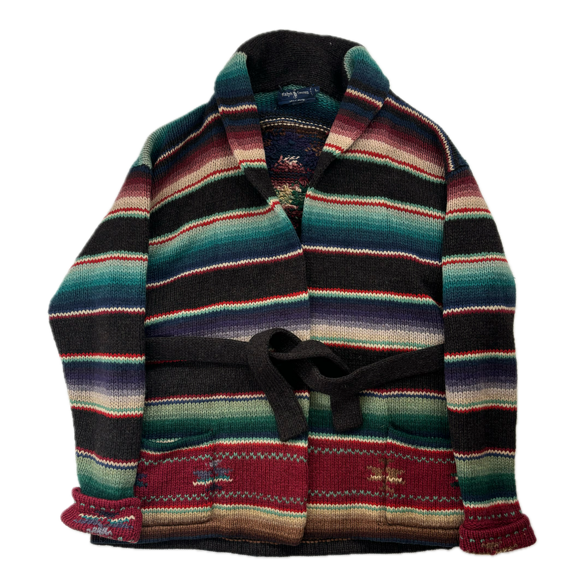 Ralph Lauren Aztec Wool Cardigan Hand Knit Serape Belted