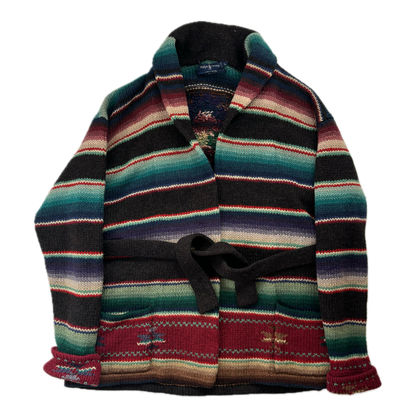 Ralph Lauren Aztec Wool Cardigan Hand Knit Serape Belted