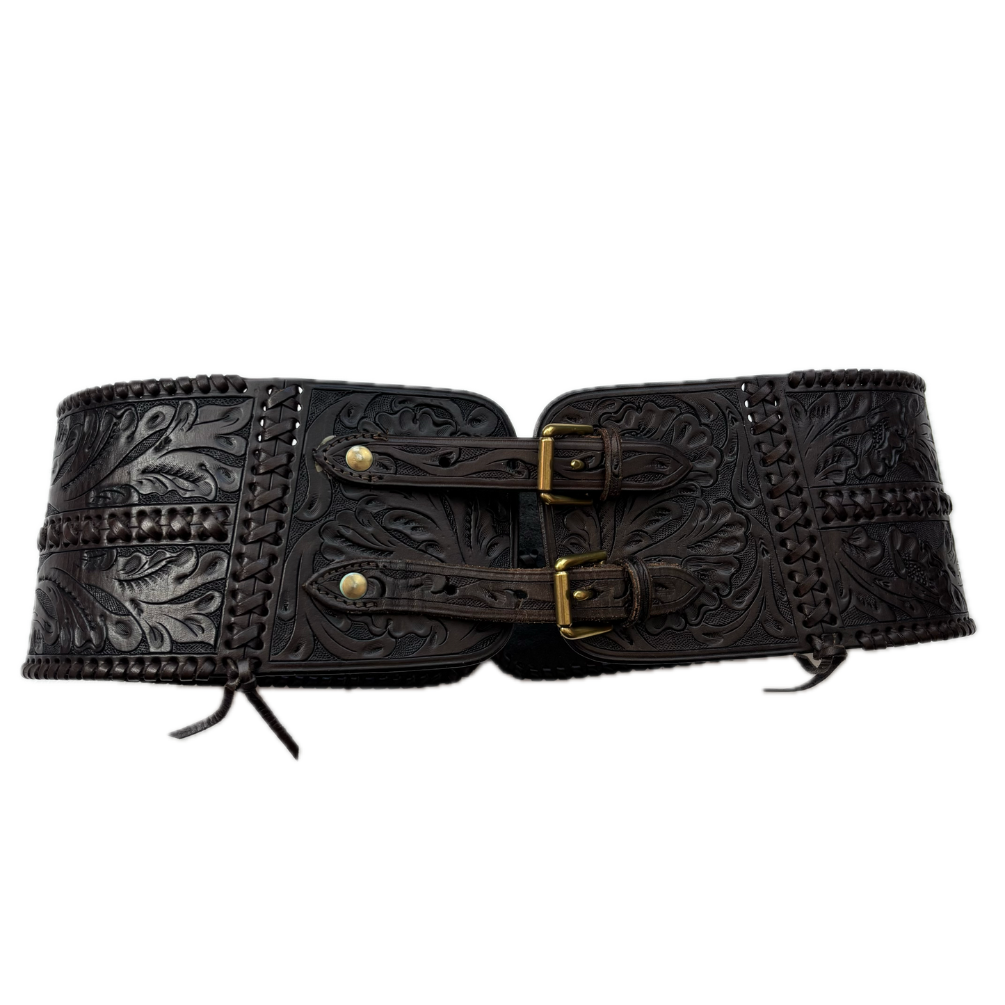 Ralph Lauren Dark Brown Leather Equestrian Corset Hand Tooled Belt - L