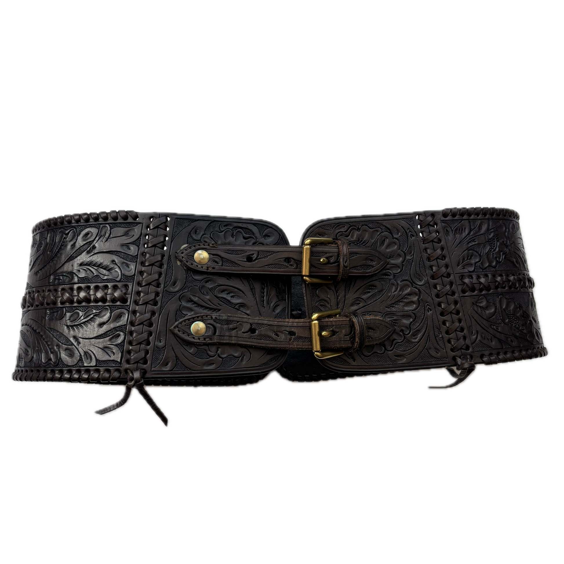 Ralph Lauren Dark Brown Leather Equestrian Corset Hand Tooled Belt - L