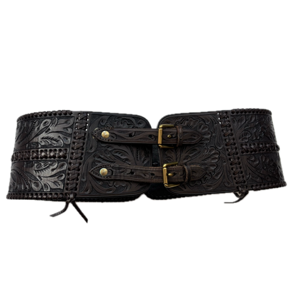 Ralph Lauren Dark Brown Leather Equestrian Corset Hand Tooled Belt - L