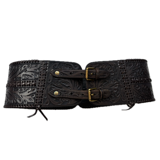 Ralph Lauren Dark Brown Leather Equestrian Corset Hand Tooled Belt - L