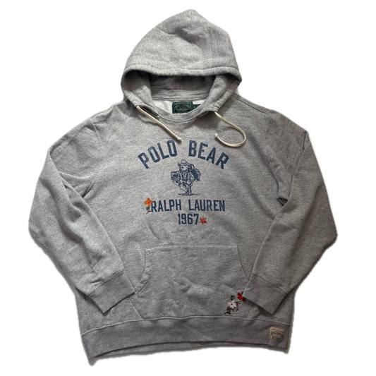 Gray hoodie with Polo Bear Ralph Lauren 1967 logo on a white background