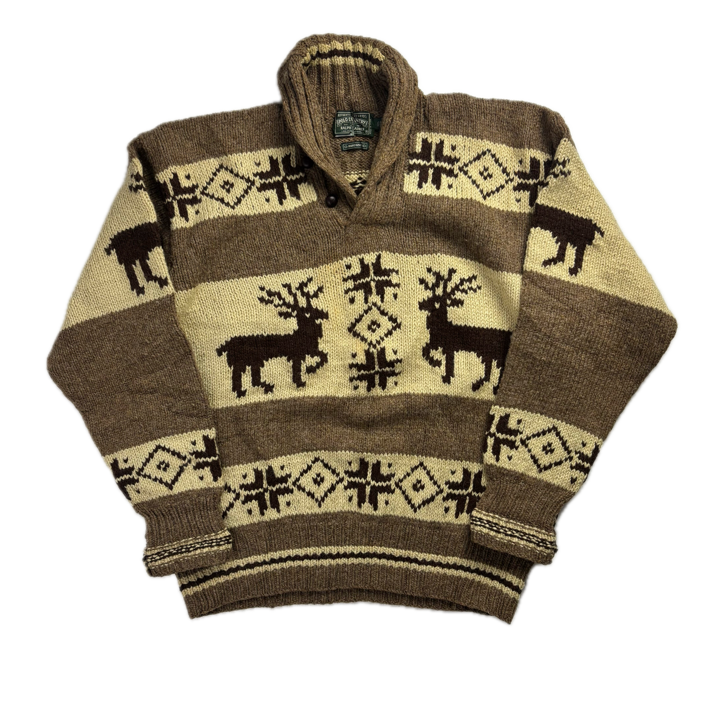 Ralph Lauren Polo Country Reindeer Shawl Neck Pattern Hand Knit Jumper (Wool) - XL