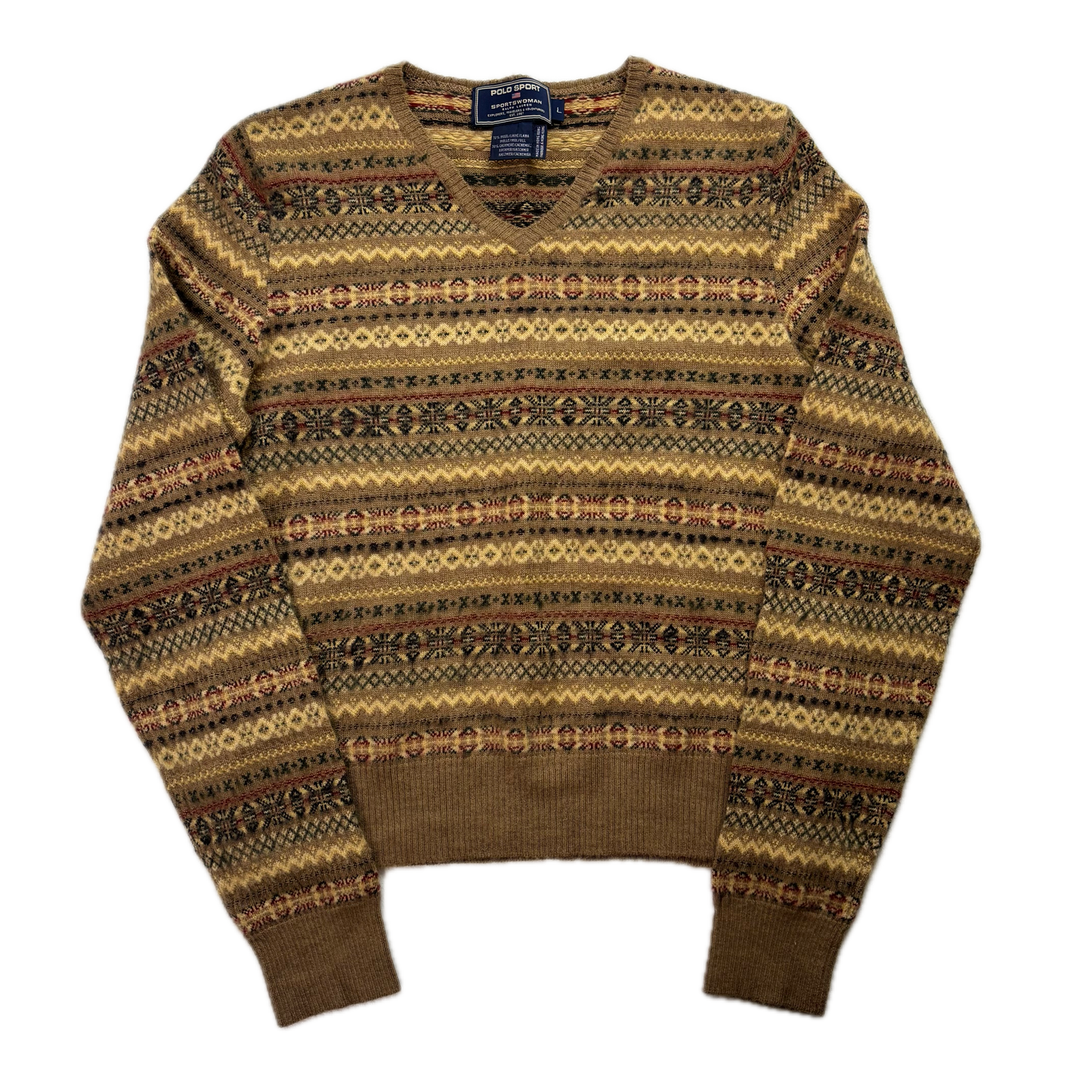 Ralph Lauren Polo Sportswoman Fairisle Jumper V-Neck Hand Knit Sweater (Wool Cashmere) - L