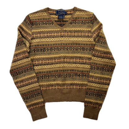 Ralph Lauren Polo Sportswoman Fairisle Jumper V-Neck Hand Knit Sweater (Wool Cashmere) - L