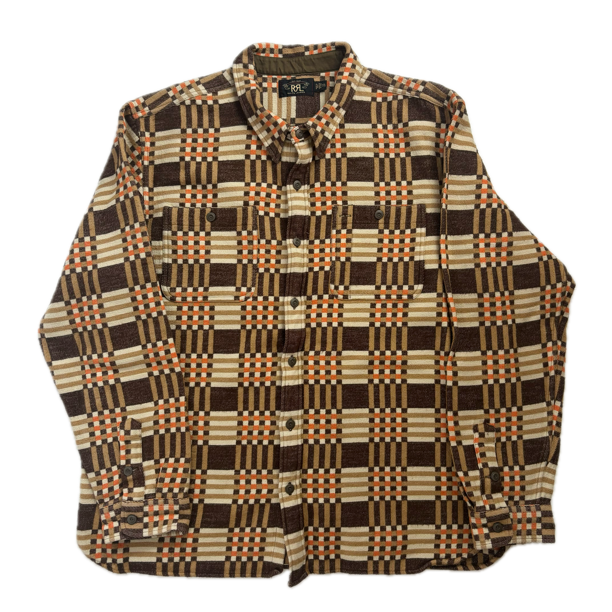 Ralph Lauren RRL Brown Orange Jacquard Brushed Plaid Work Shirt (Cotton) - XXL