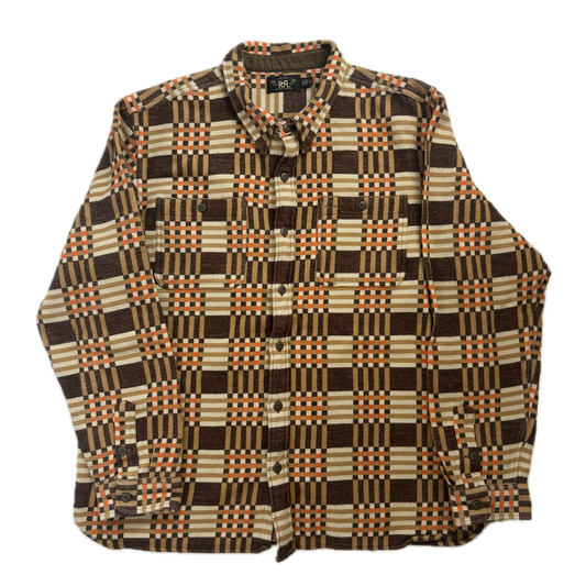 Ralph Lauren RRL Brown Orange Jacquard Brushed Plaid Work Shirt (Cotton) - XXL
