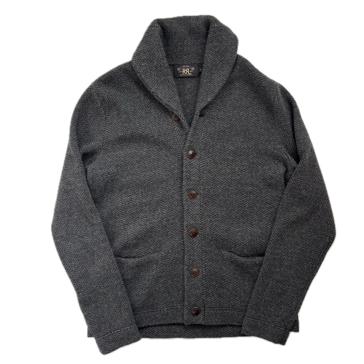 Ralph Lauren RRL Grey Herringbone Wool Shawl-Collar Cardigan - M