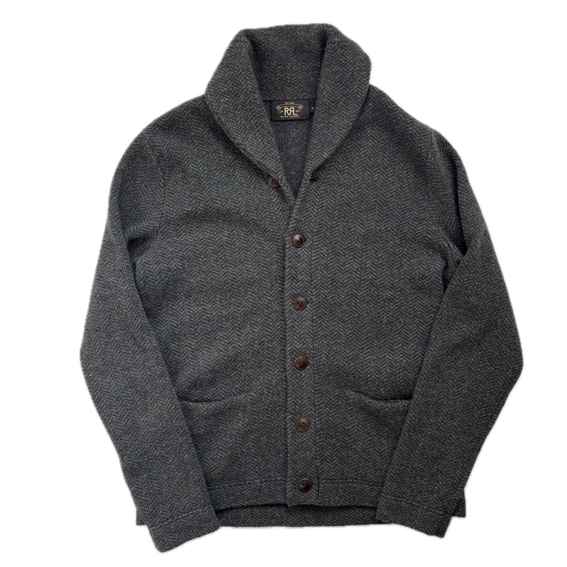 Ralph Lauren RRL Grey Herringbone Wool Shawl-Collar Cardigan - M