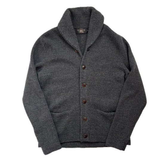 Ralph Lauren RRL Grey Herringbone Wool Shawl-Collar Cardigan - M