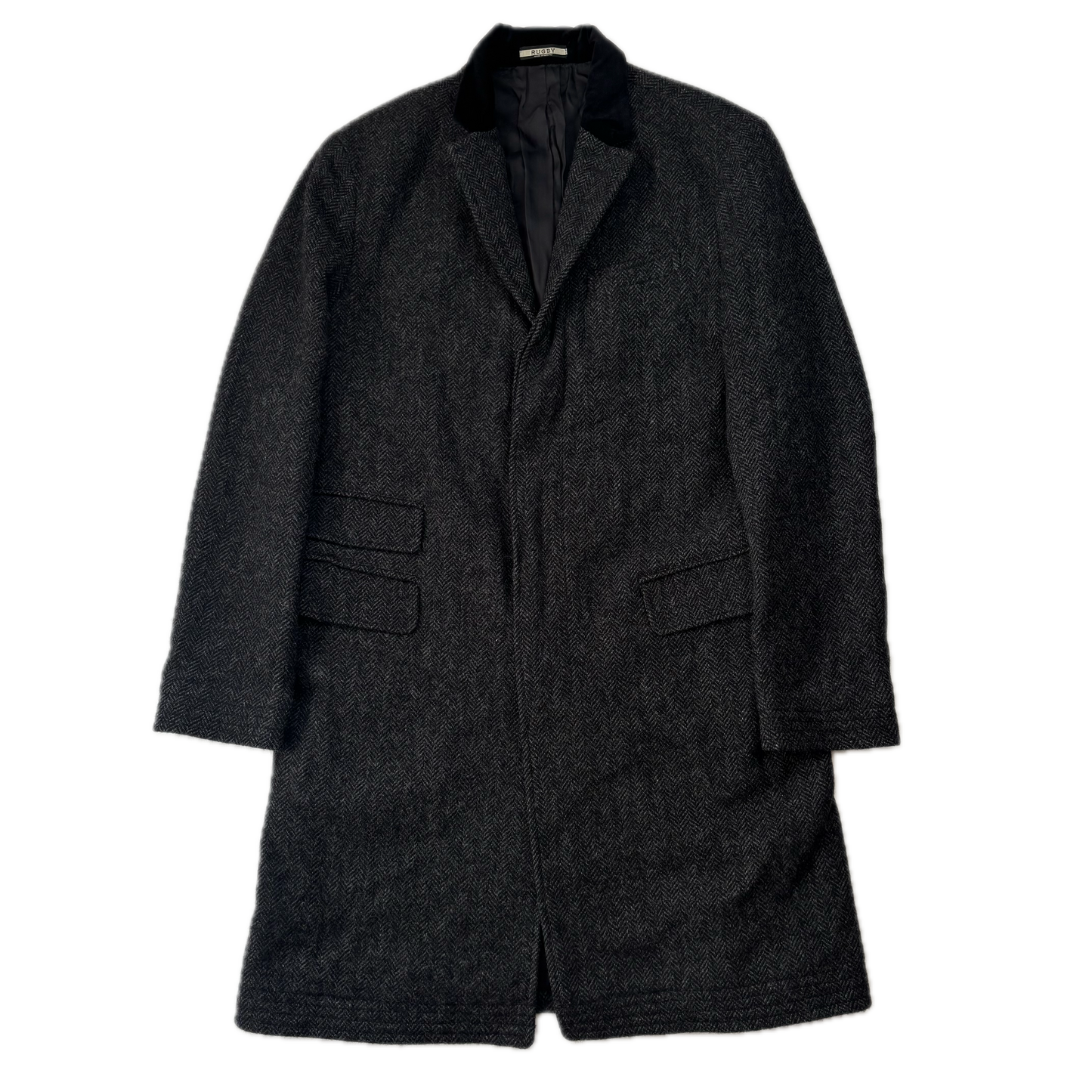 Rugby Ralph Lauren Dark Grey Herringbone Paddock Coat Overcoat (Wool) - L