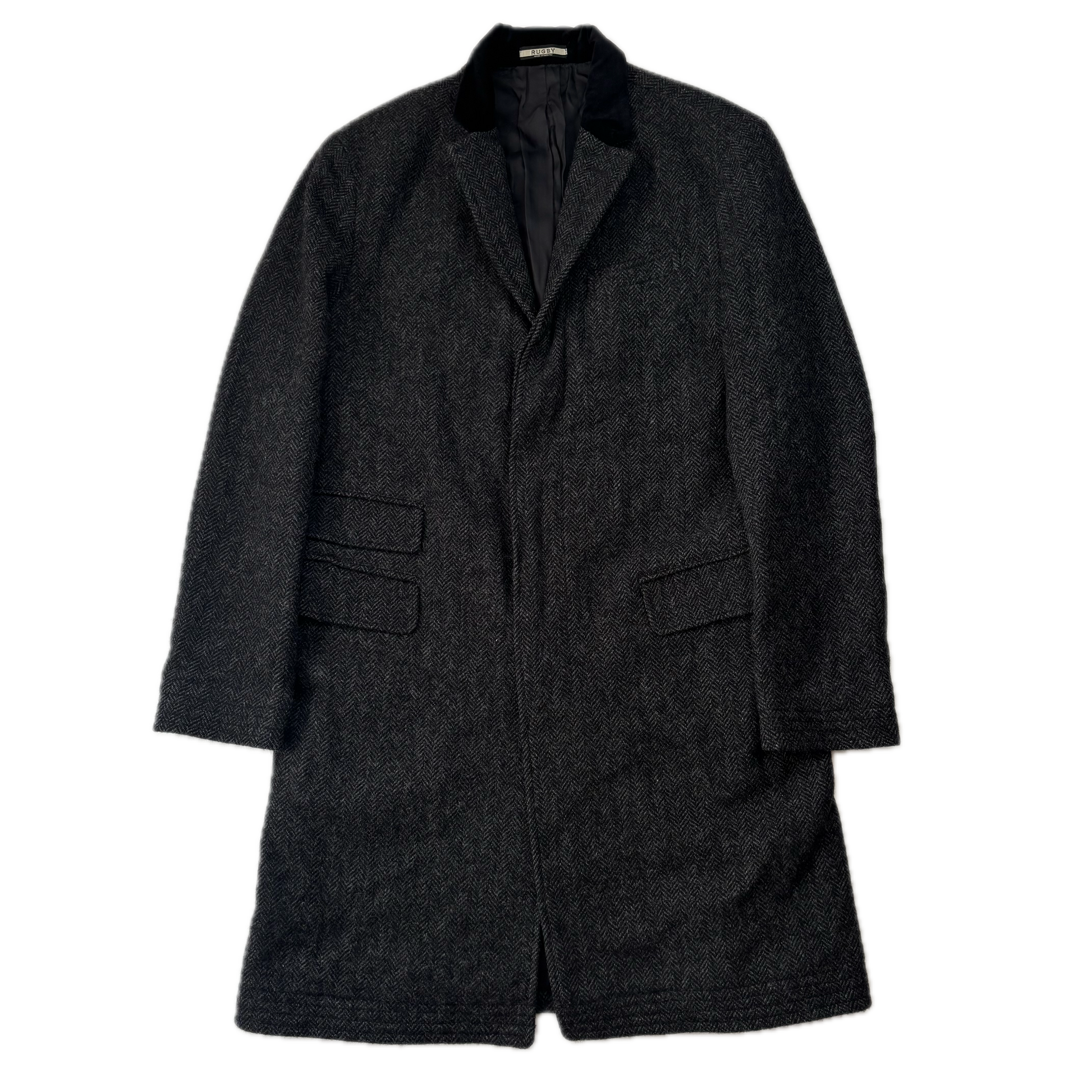 Rugby Ralph Lauren Dark Grey Herringbone Paddock Coat Overcoat (Wool) - L